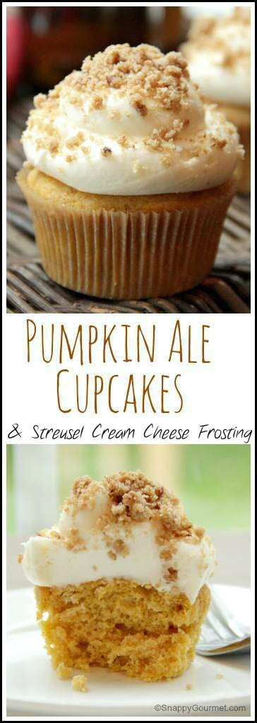 Pumpkin Ale Cupcakes with Streusel Cream Cheese Frosting