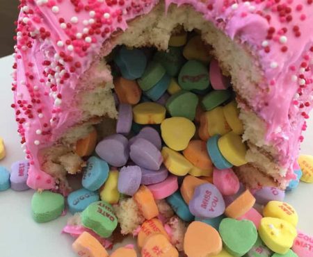 Valentine’s Day Piñata Cake Recipe with Conversation Hearts Candy