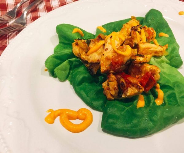 Grilled Chicken With Fresh Basil Leaves And Cherry Tomatoes