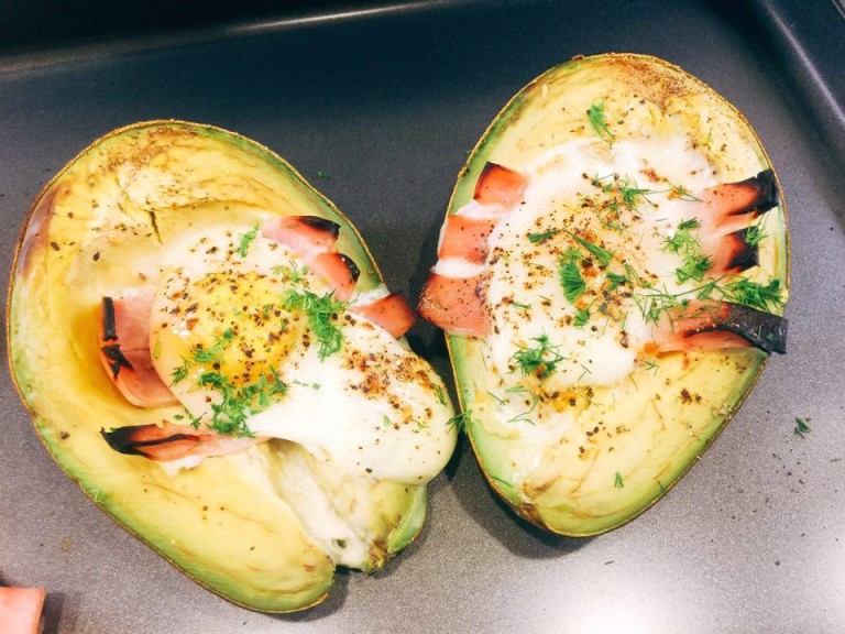 baked avocado, smoked salmon, turkey bacon