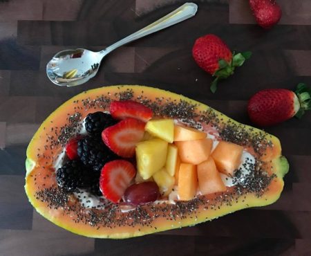 Papaya Bowl Filled With Fruit & Sprinkled With Chia
