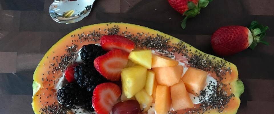 Papaya Bowl Filled With Fruit & Sprinkled With Chia