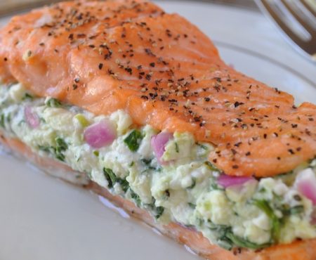 Simple Salmon with Spinach Feta Stuffing