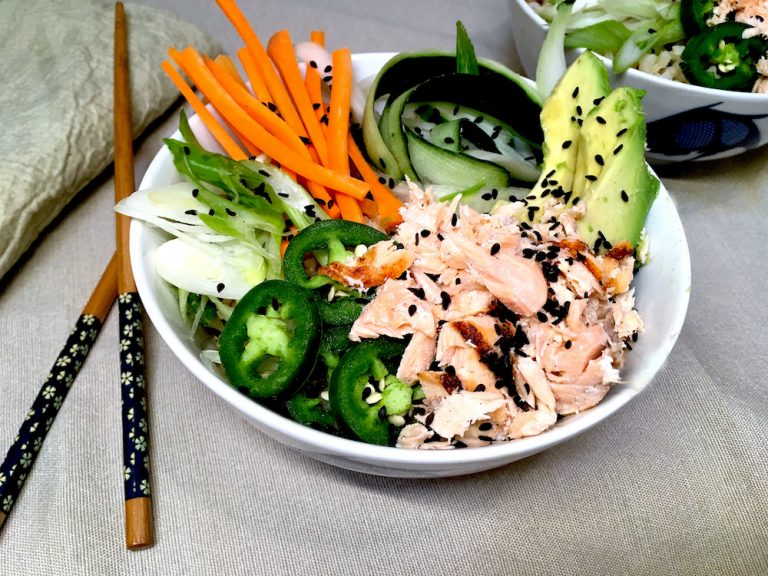 Healthy dinner with California Poke Bowl recipe for Breast Cancer Awareness and well-being during menopause