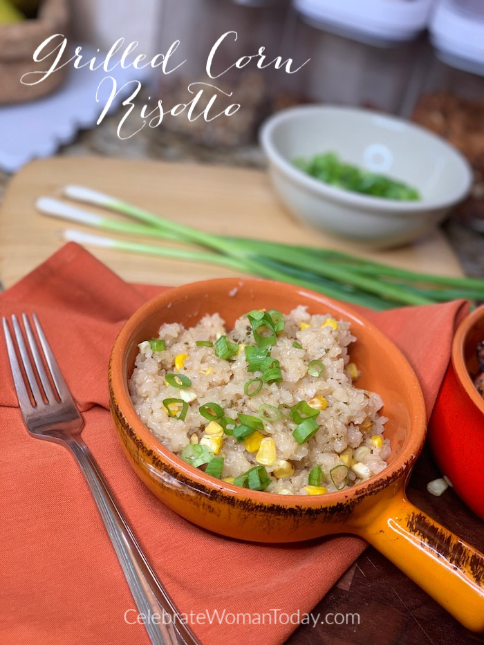 Grilled Corn Risotto is creamy and mixed with corn kernrels