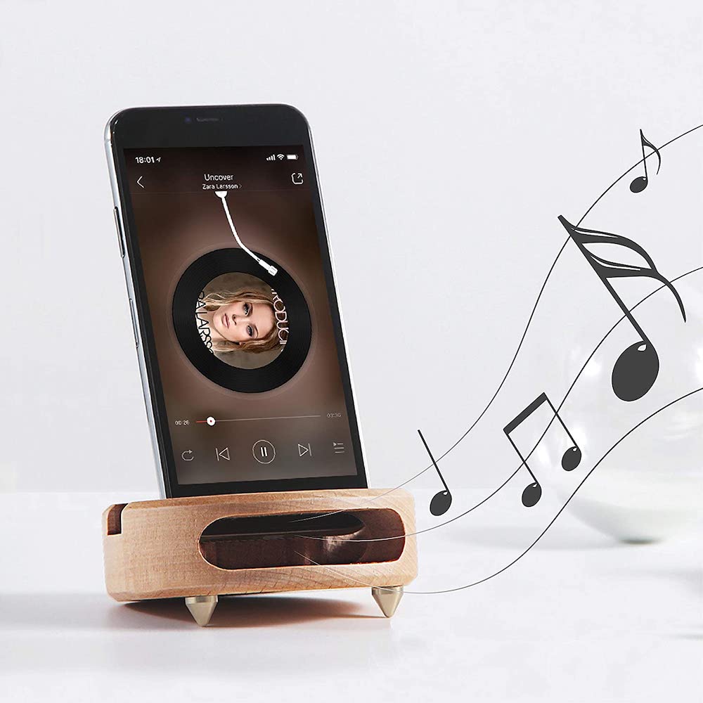 Wood phone stand with speaker