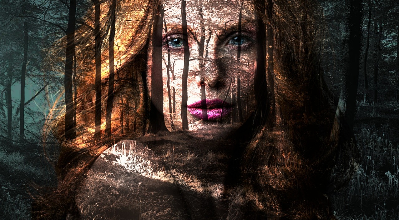 female face looking through woods