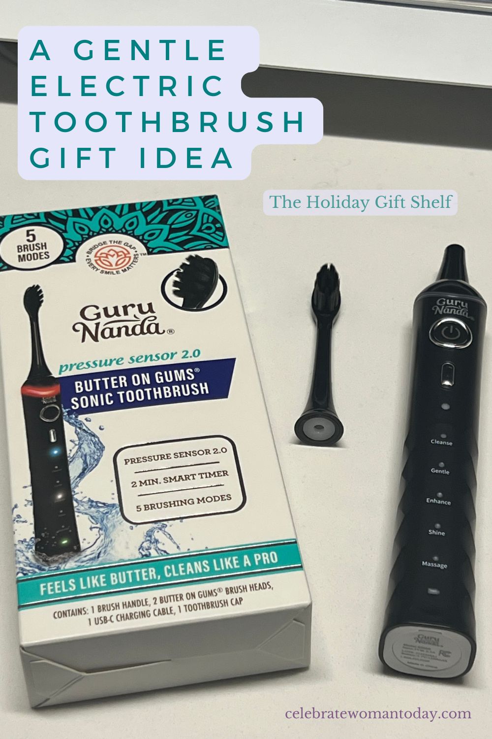 Gentle electric toothbrush gift: GuruNanda Butter On Gums sonic toothbrush beside its Pressure Sensor 2.0 box