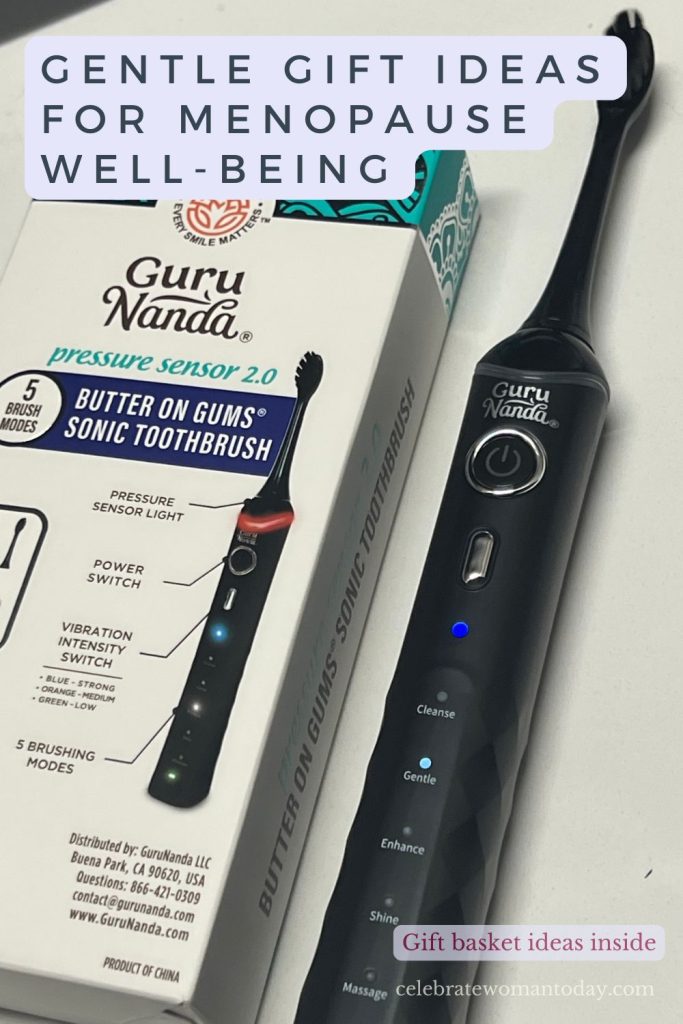 Close-up of a gentle electric toothbrush gift handle with Cleanse, Gentle, Enhance, Shine, and Massage mode lights