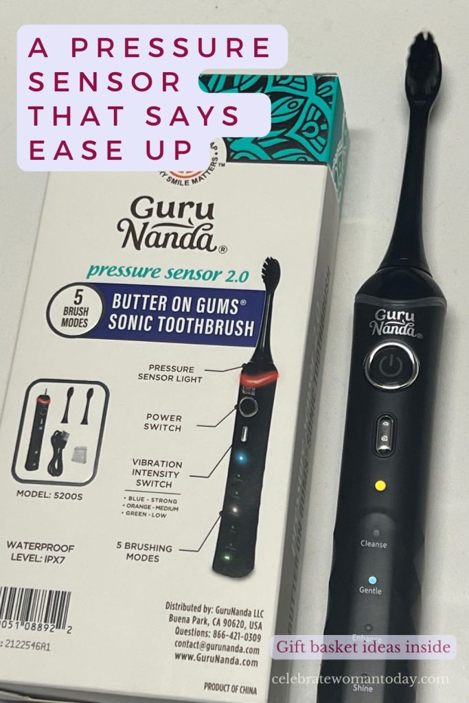 GuruNanda Pressure Sensor 2.0 toothbrush box showing the pressure sensor light and IPX7 waterproof level