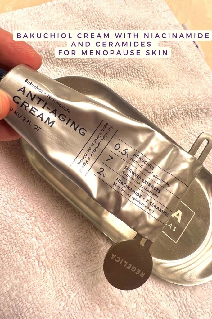 Regelica bakuchiol and niacinamide cream tube on a metal tray, label showing 0.5% bakuchiol, a retinol alternative