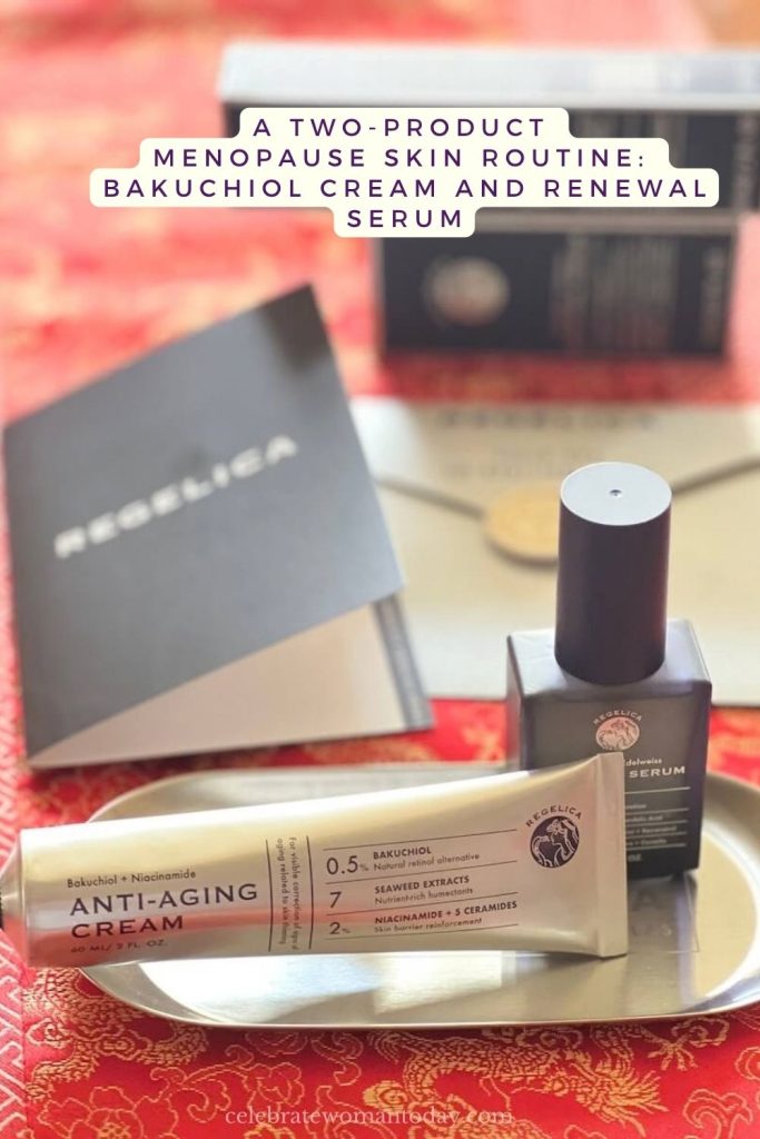 Bakuchiol skincare from Regelica, with the cream on a metal tray beside the serum, boxes, and a booklet on red silk