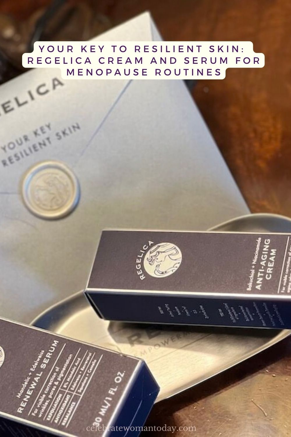 Regelica cream and serum boxes beside a sealed gray envelope reading Your Key to Resilient Skin on a wood table