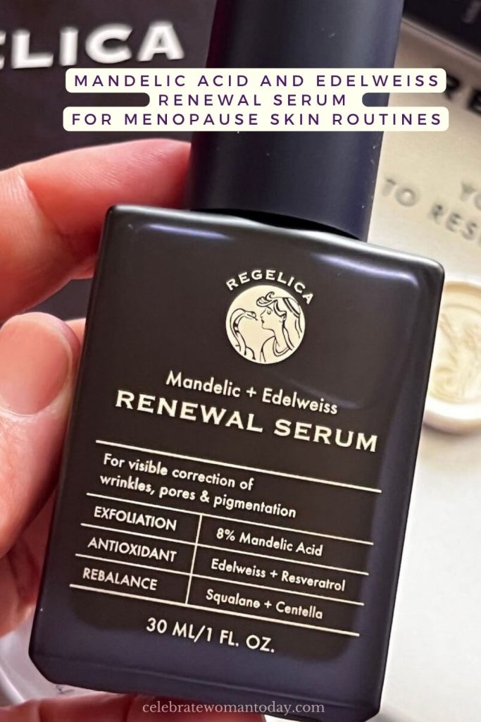 Hand holding the Regelica Renewal Serum bottle, label showing 8% mandelic acid, edelweiss, resveratrol, squalane, centella