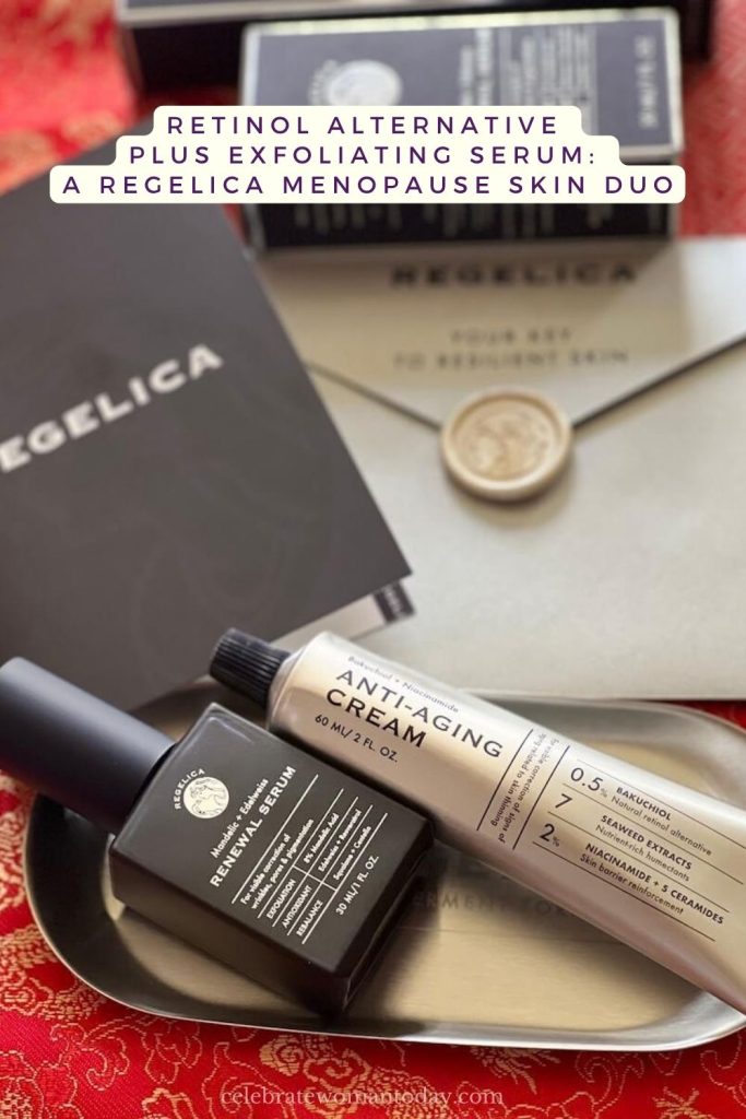 Regelica renewal serum and bakuchiol cream on a metal tray with a booklet, wax-sealed envelope, and serum box