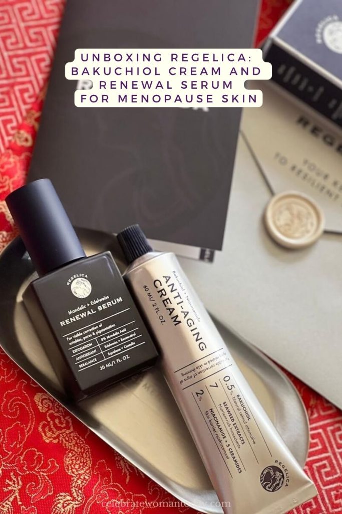 Regelica serum and bakuchiol cream, a retinol alternative, on a metal tray with a black booklet and sealed envelope