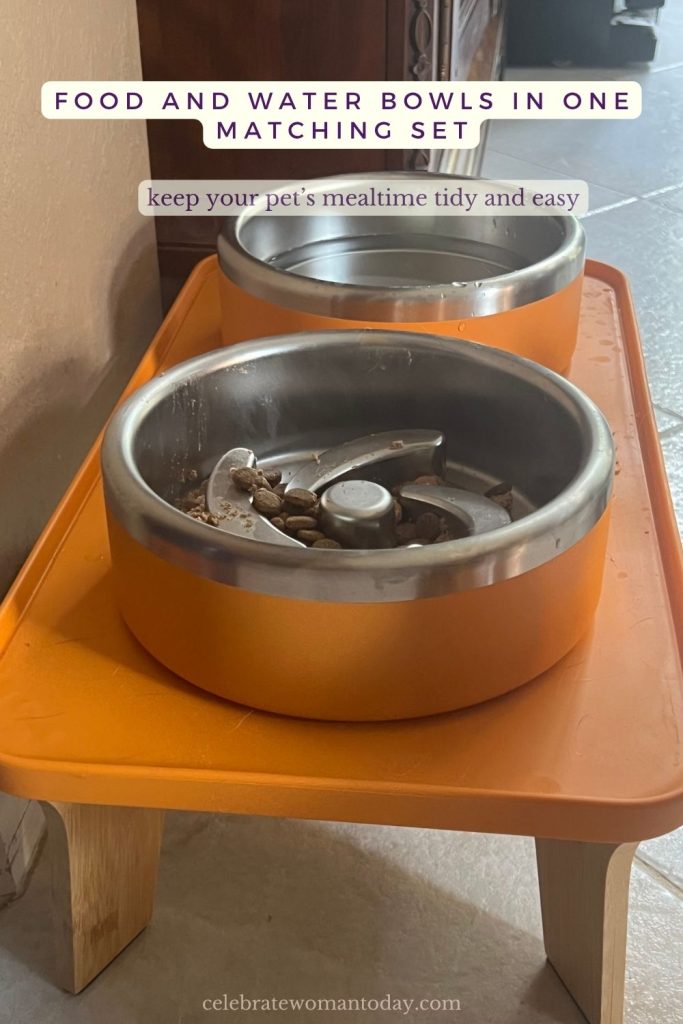 Two open Trot bowls side by side on a table, one filled with food and one with water